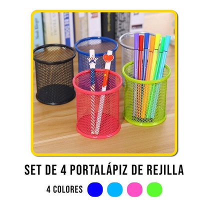 Set 4 Portalápiz Rejilla Cilindro Metálico 10x9 (4colores)