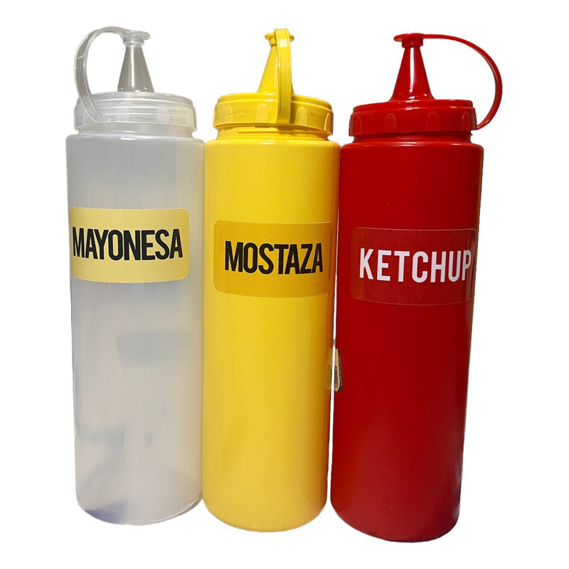 Set De 3 Pote De Salsas Dispensador 700ml Con Sticker