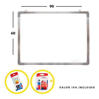 Set Pizarra Acrílica Blanca (60x90)- 3 Marcadores - 6 Imanes