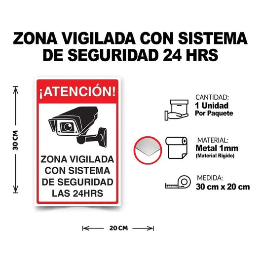 Señalética Atención Zona Vigilada Con Sistema De Seg 30x20cm