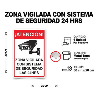 Señalética Atención Zona Vigilada Con Sistema De Seg 30x20cm