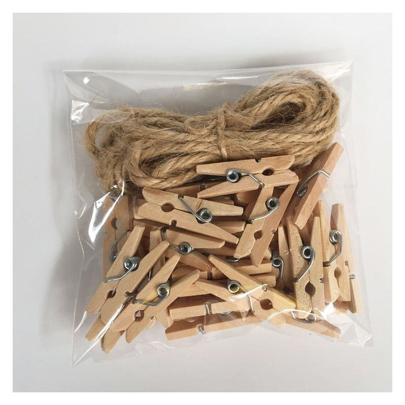 24 Mini Pinzas De Madera, 3cm + Cordel