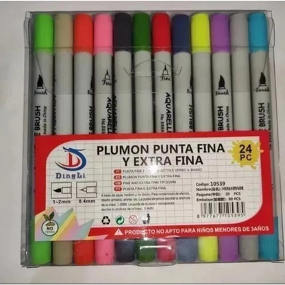 Plumones Lapices Doble Punta Pincel Tira Línea 24 Colores