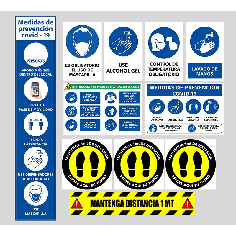 Pack Señalética Letrero Prevención Distancia Adhesivo